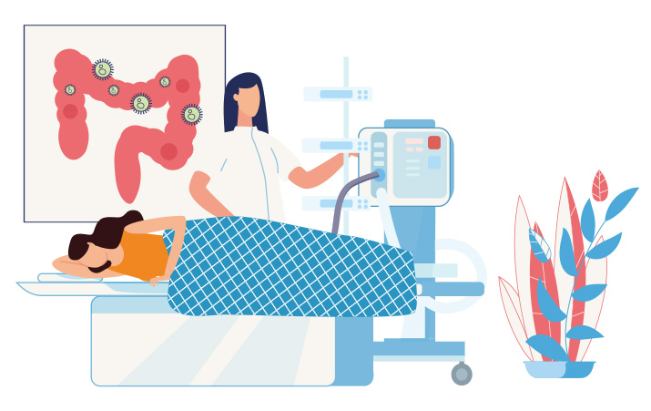 Illustration of a GI Tract being looked at by a Gastroenterologist