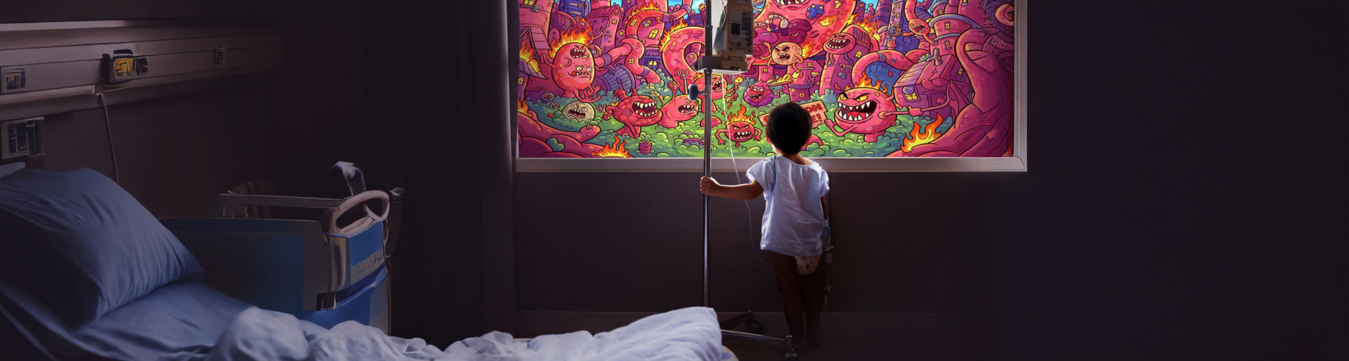 A young boy with IBD in a hospital with an IV looking at a cartoon depiction of a battle of crohn's cells in the digestive system.