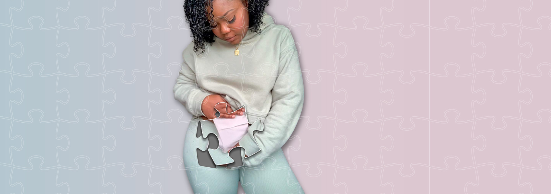 A girl with an ostomy on a pastel puzzle background