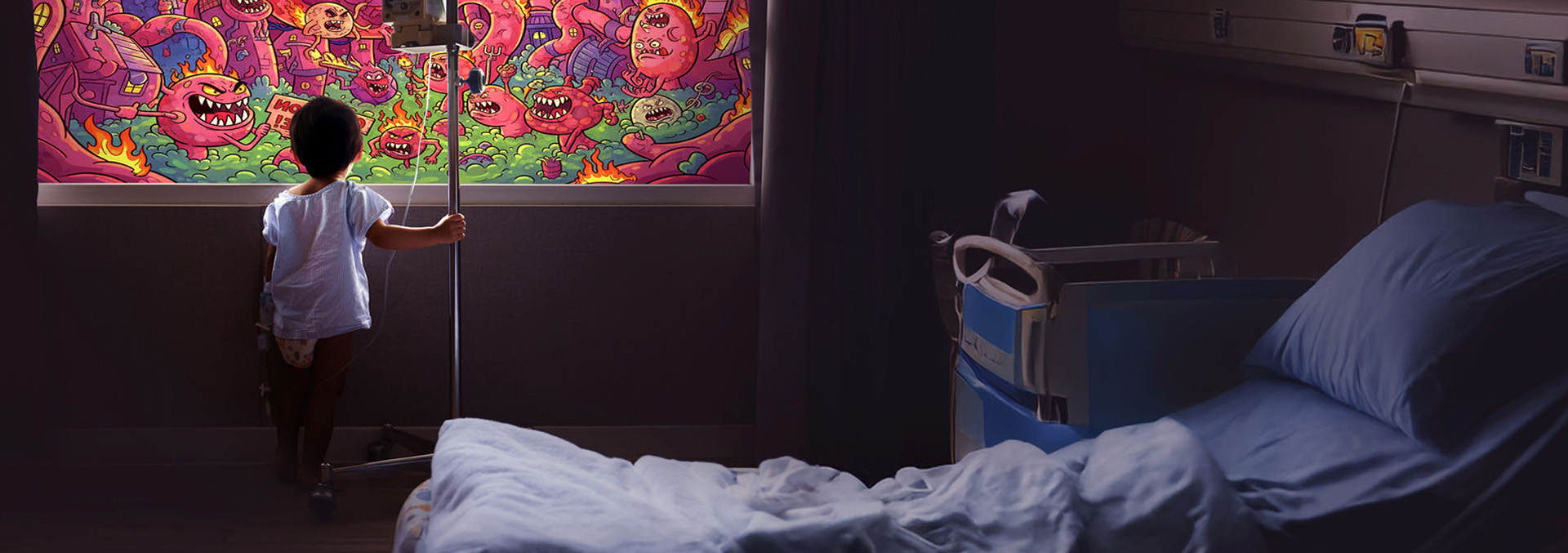 A boylooking at a cartoon depiction of IBD