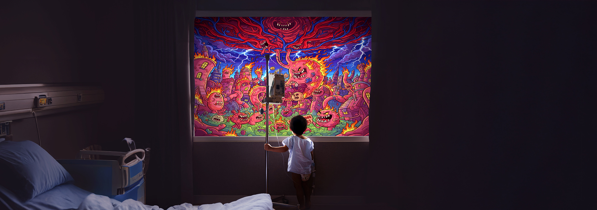 A boylooking at a cartoon depiction of IBD