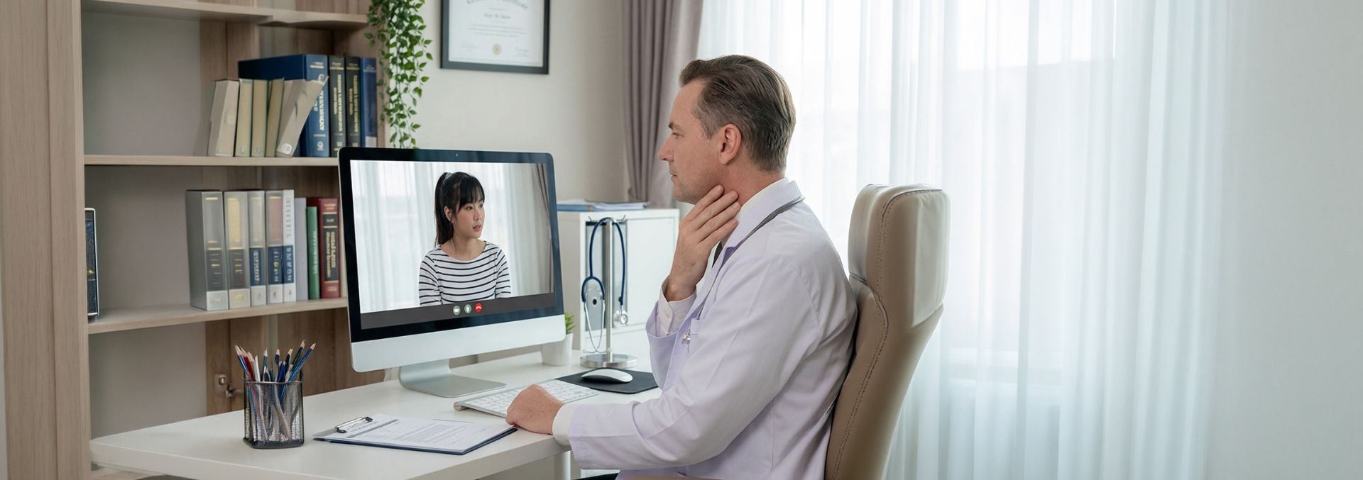 A patient talking her physiciain remotely