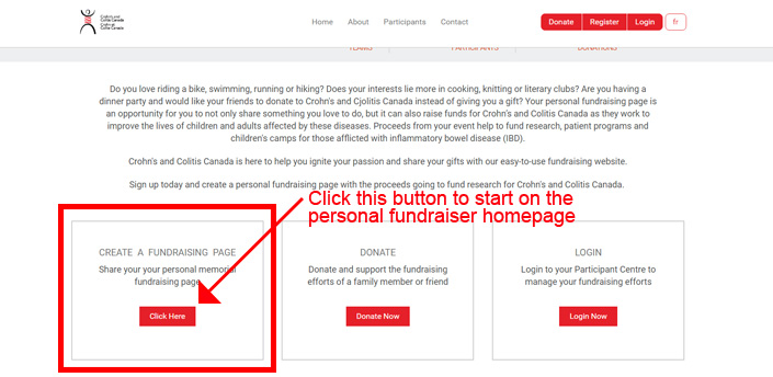 Step 1. Select the Click Here button under "Create a Fundraiser" page option.
