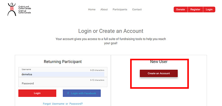 Select "Create an Account" under the New User option, or login as a returning participant