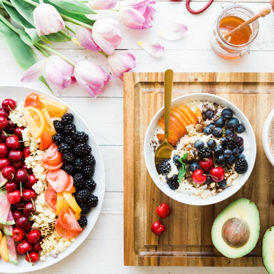 breakfast foods and flowers