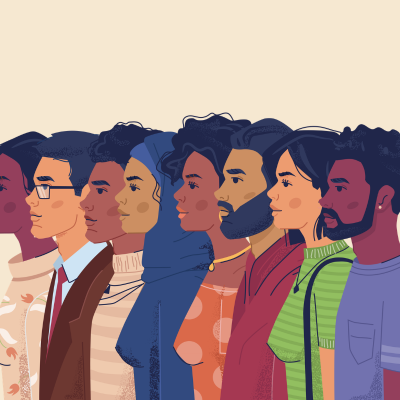An illustration of people from diverse backgrounds standing side by side in profile, symbolizing community, inclusion, and representation.