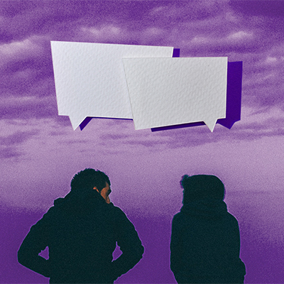 Two people talking with chat bubbles above their heads