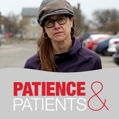 A woman looking concerned with the words "Patience & Patients"