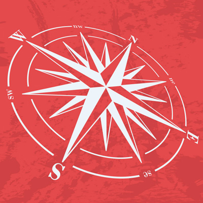 White compass illustration on a red background