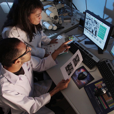 Researchers observing information on monitors