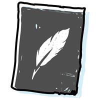 A notebook with a quill on it